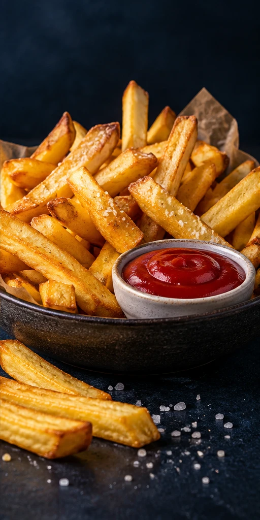 Golden fries served with tomato ketchup