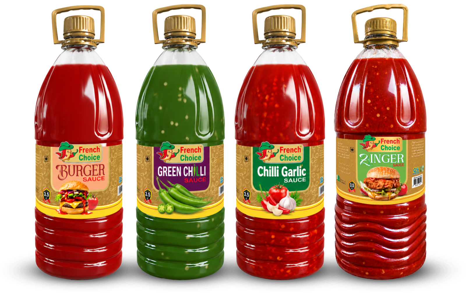 French Choice Burger, Green Chilli, Chilli Garlic and Zinger sauce bottles